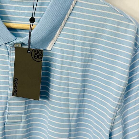 GFore Polo Shirt Men’s Medium Golf Blue White‎ Striped Logo G/Fore - Picture 7 of 11
